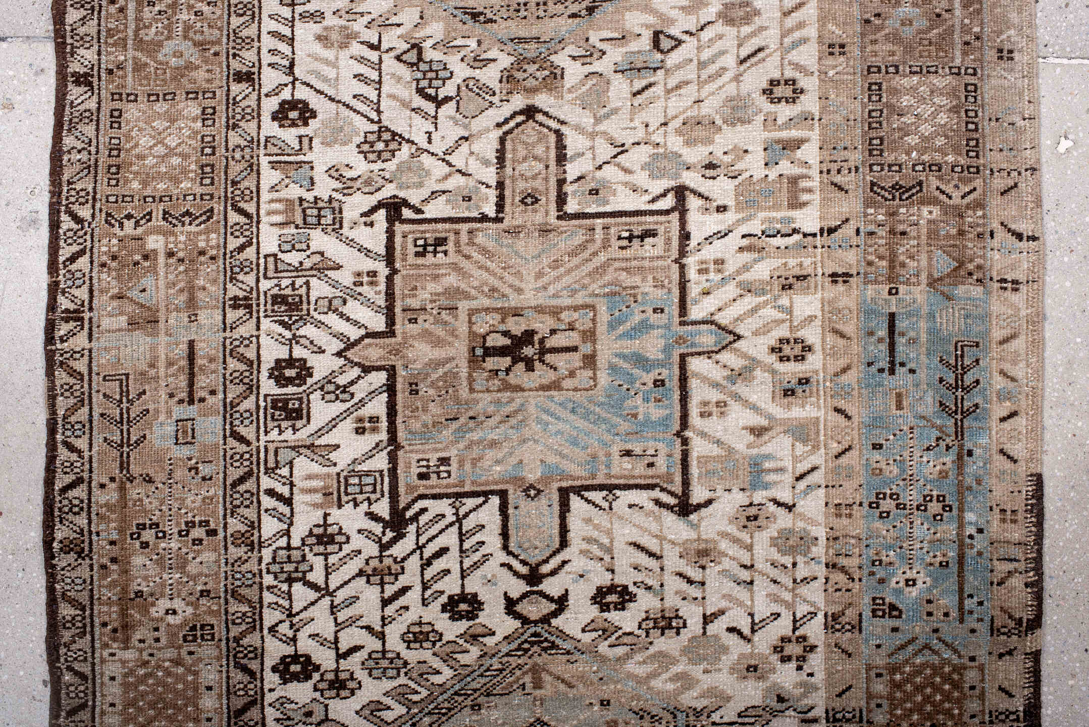 3' x 14' one-of-a-kind handmade antique Heriz runner rug. Color palette: ivory, taupe, camel, brown, sky_blue, beige, gray