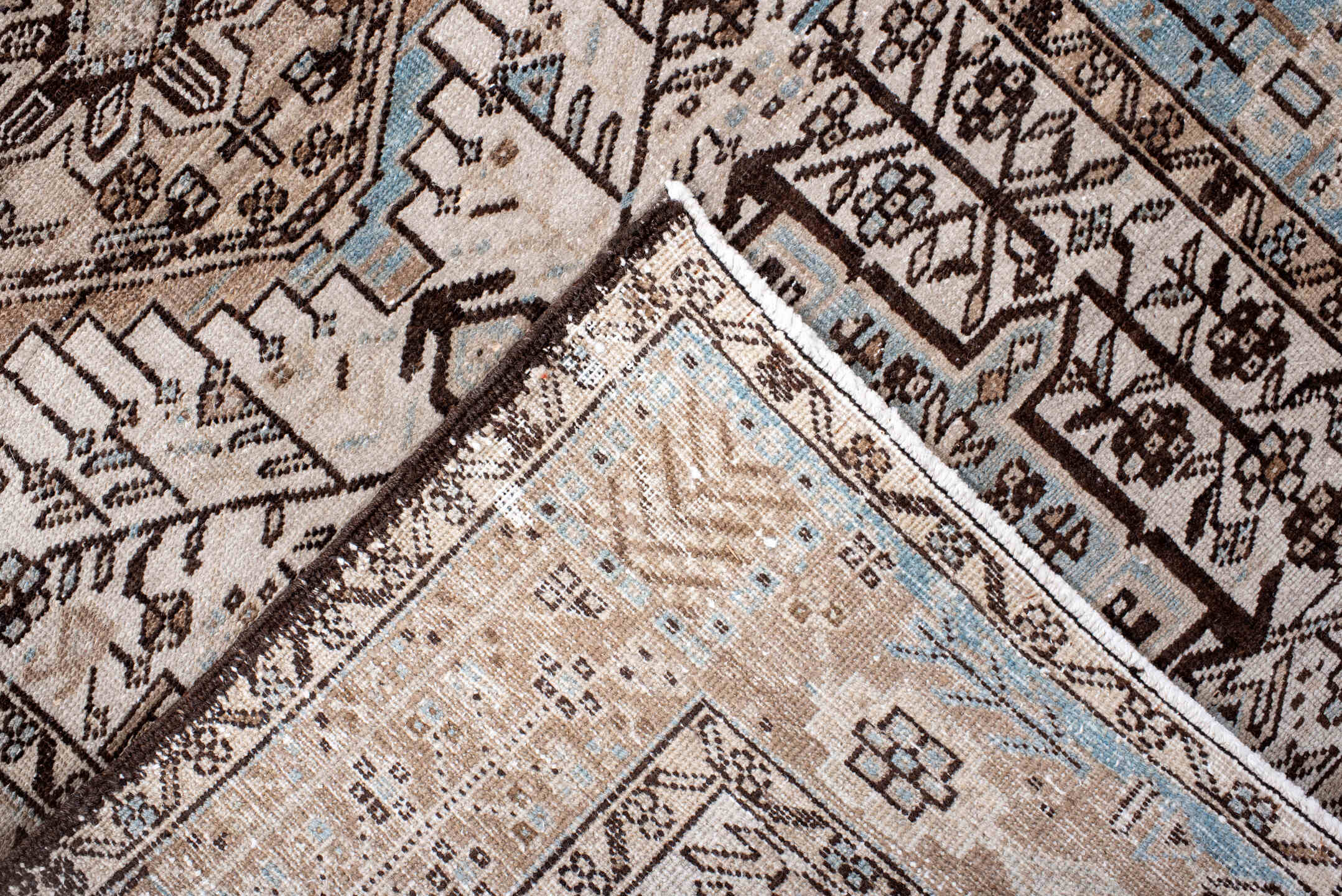 3' x 14' one-of-a-kind handmade antique Heriz runner rug. Color palette: ivory, taupe, camel, brown, sky_blue, beige, gray