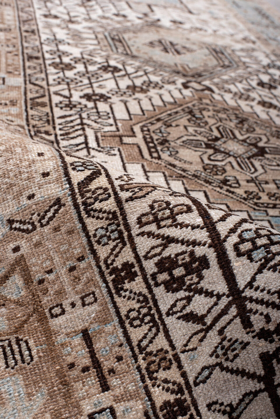 3' x 14' one-of-a-kind handmade antique Heriz runner rug. Color palette: ivory, taupe, camel, brown, sky_blue, beige, gray
