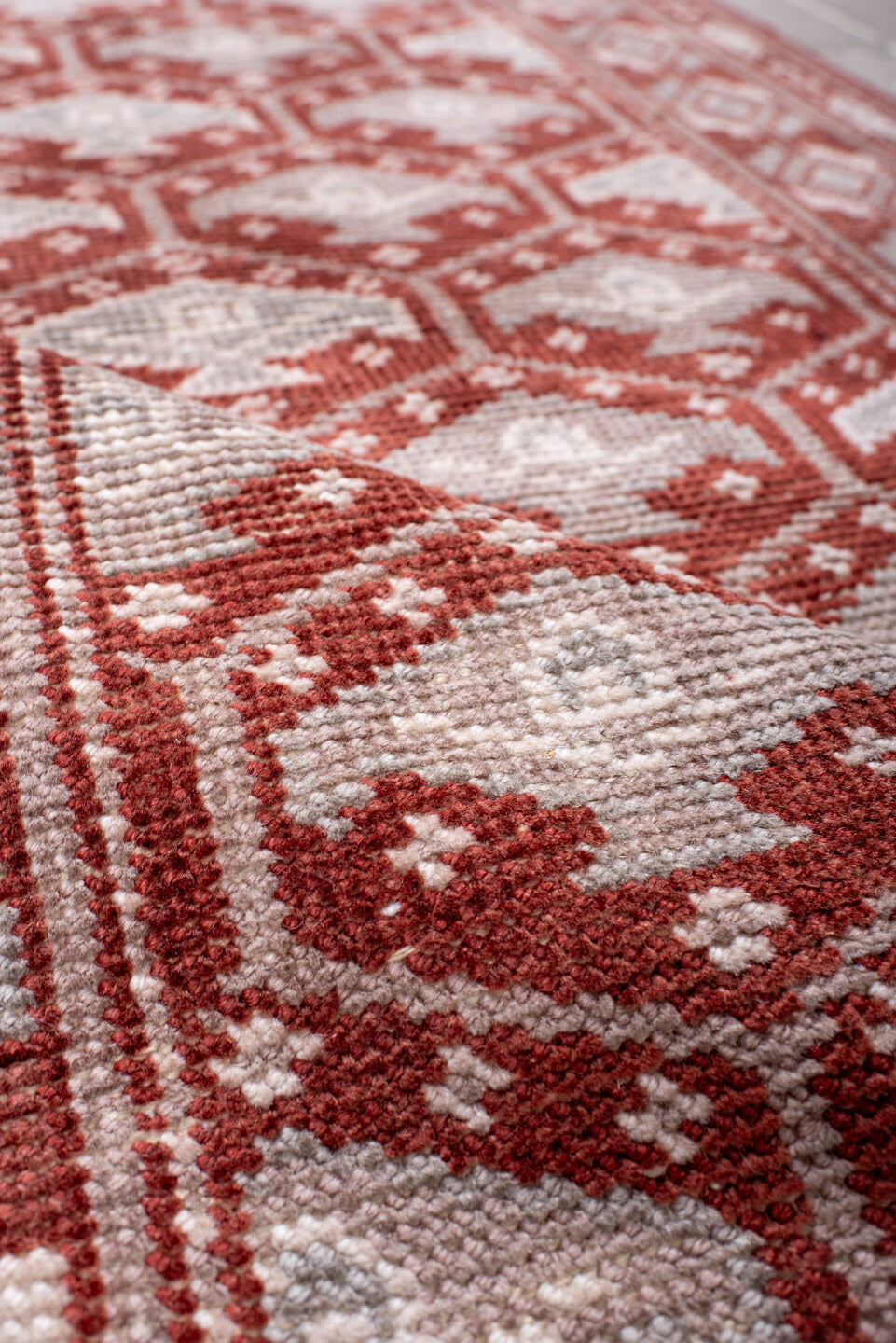 2' x 9' one-of-a-kind handmade vintage Oushak runner rug. Color palette: brown, gray, light gray, misty rose, off-white