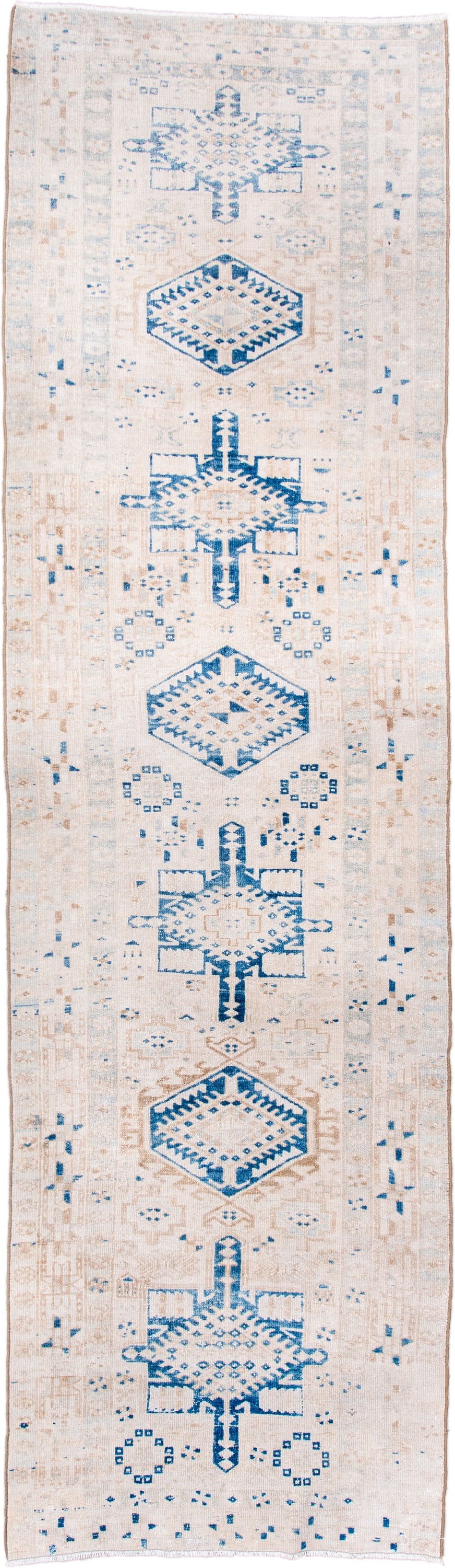 3' x 10' one-of-a-kind handmade antique Karaje runner rug. Color palette: ivory, sky blue, beige, camel, taupe, light blue