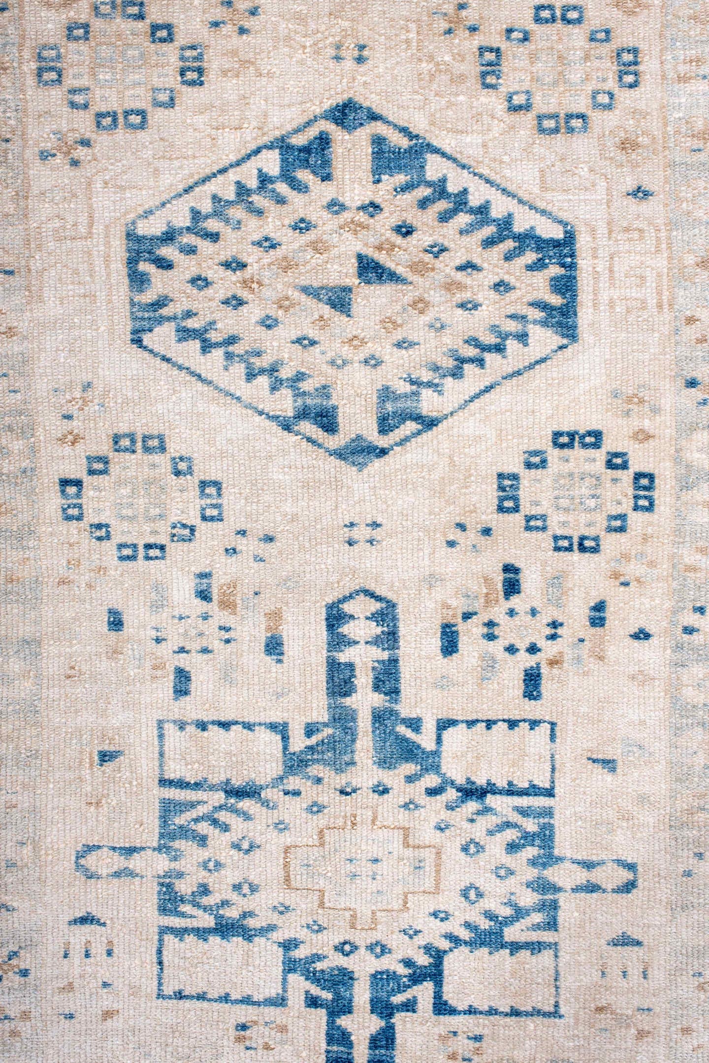 3' x 10' one-of-a-kind handmade antique Karaje runner rug. Color palette: ivory, sky blue, beige, camel, taupe, light blue