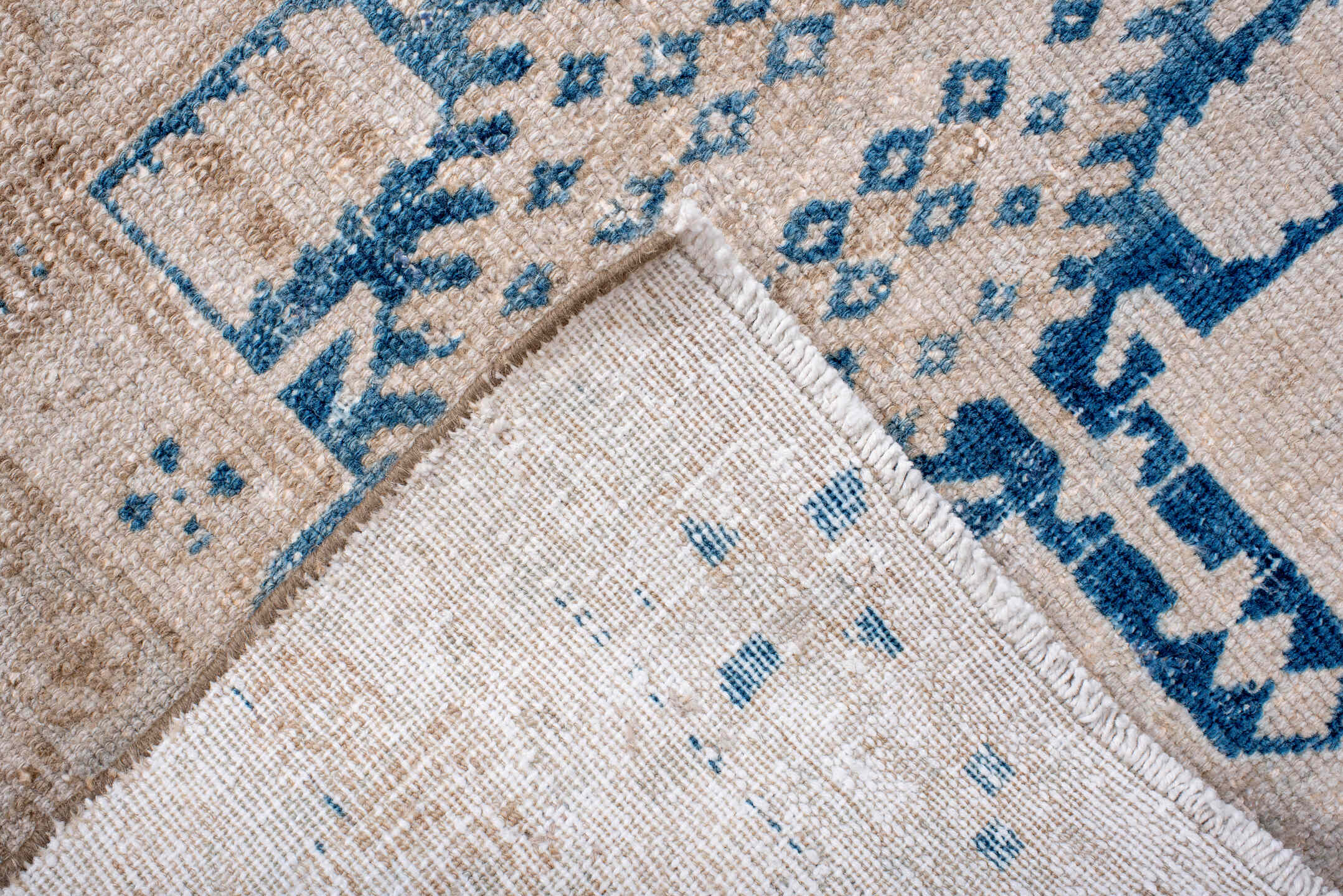 3' x 10' one-of-a-kind handmade antique Karaje runner rug. Color palette: ivory, sky blue, beige, camel, taupe, light blue
