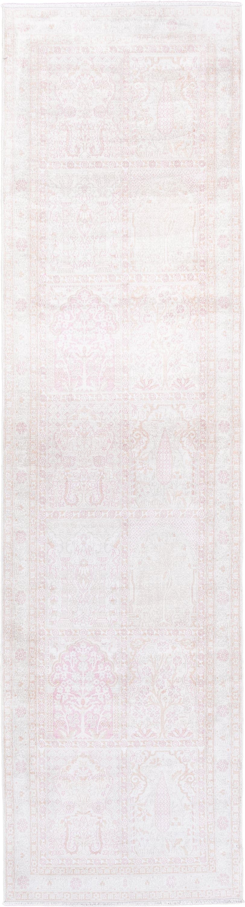 2' x 9' one-of-a-kind handmade antique Kashmir runner rug. Color palette: ivory, blush, pale pink, cream, taupe, pink, beige