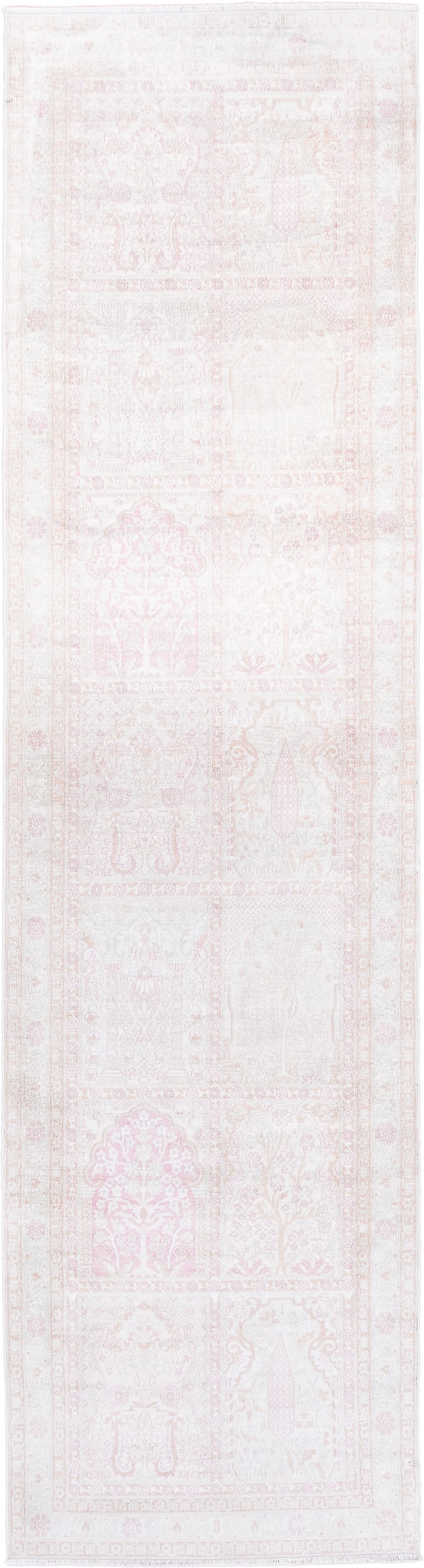 2' x 9' one-of-a-kind handmade antique Kashmir runner rug. Color palette: ivory, blush, pale pink, cream, taupe, pink, beige