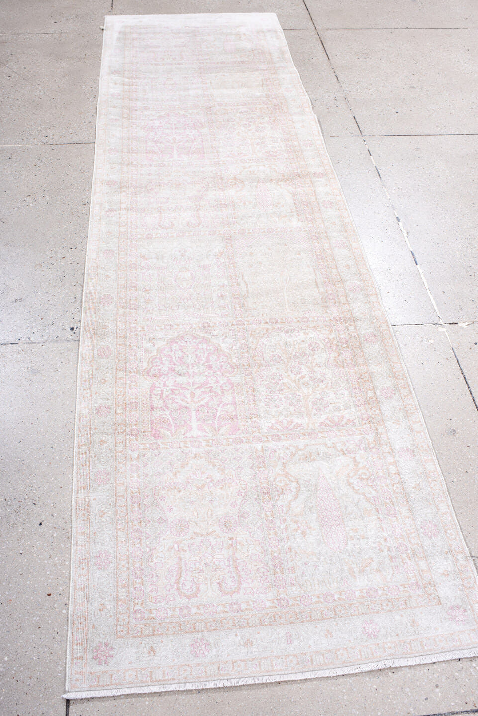 2' x 9' one-of-a-kind handmade antique Kashmir runner rug. Color palette: ivory, blush, pale pink, cream, taupe, pink, beige