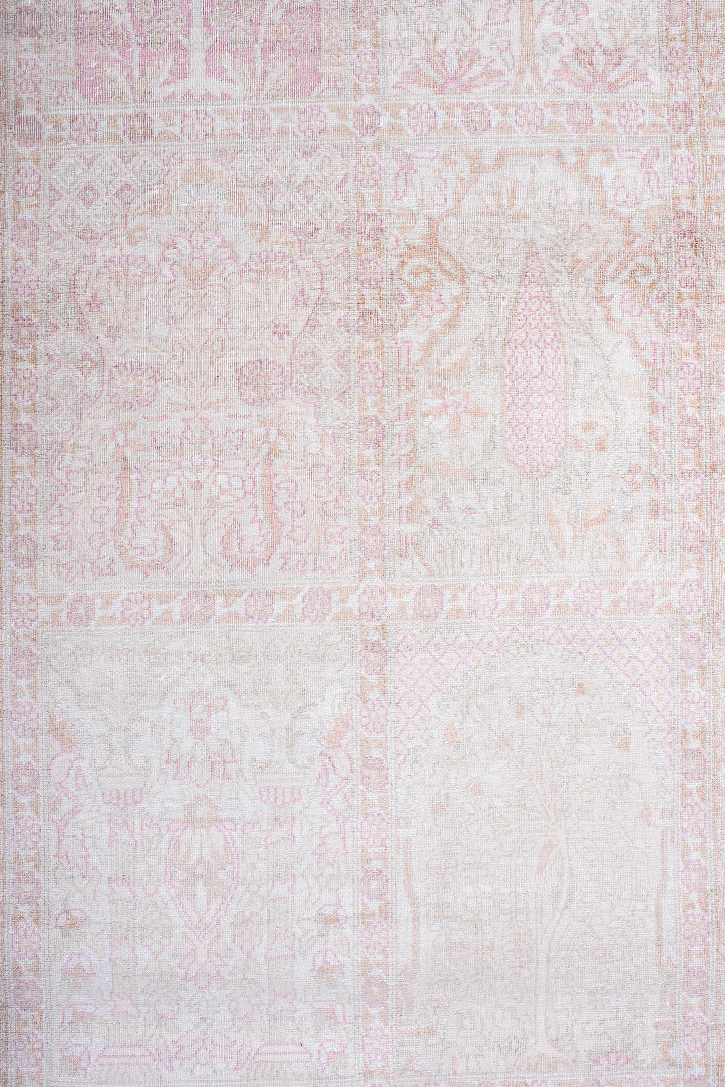 2' x 9' one-of-a-kind handmade antique Kashmir runner rug. Color palette: ivory, blush, pale pink, cream, taupe, pink, beige