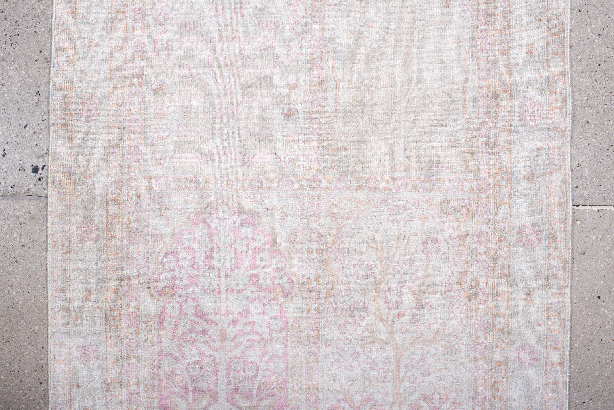 2' x 9' one-of-a-kind handmade antique Kashmir runner rug. Color palette: ivory, blush, pale pink, cream, taupe, pink, beige