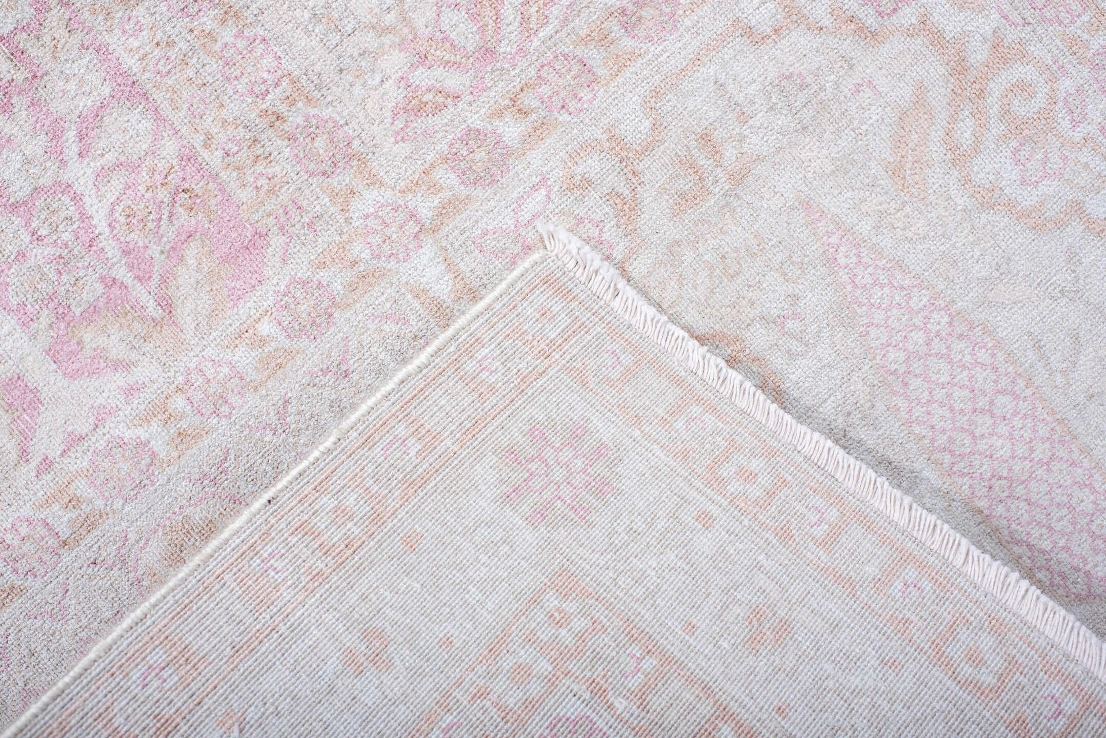 2' x 9' one-of-a-kind handmade antique Kashmir runner rug. Color palette: ivory, blush, pale pink, cream, taupe, pink, beige
