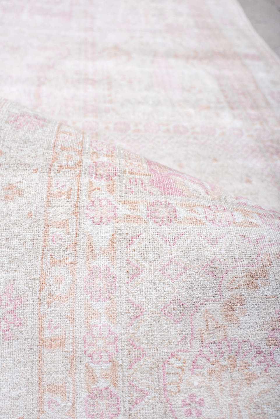 2' x 9' one-of-a-kind handmade antique Kashmir runner rug. Color palette: ivory, blush, pale pink, cream, taupe, pink, beige