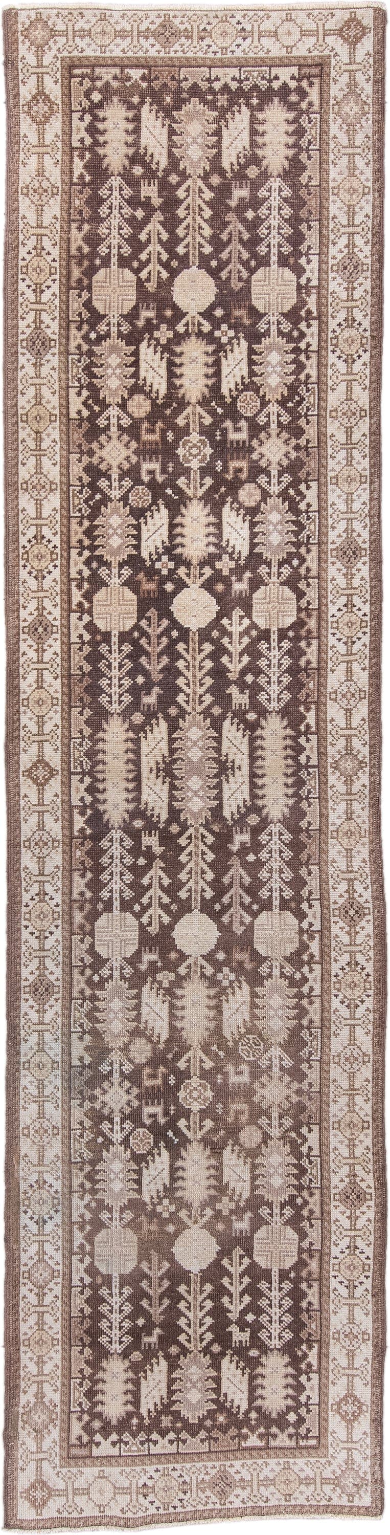 2' x 11' one-of-a-kind handmade antique Oushak runner rug. Color palette: brown, ivory, taupe, beige, gray