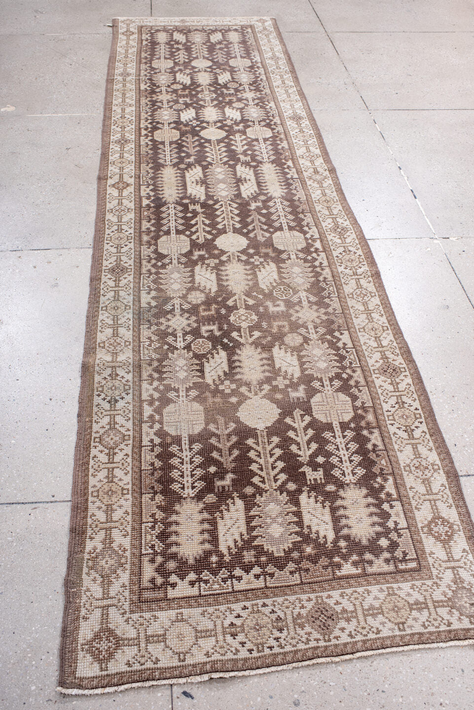 2' x 11' one-of-a-kind handmade vintage Oushak runner rug. Color palette: brown, gray, light gray, misty rose, off-white