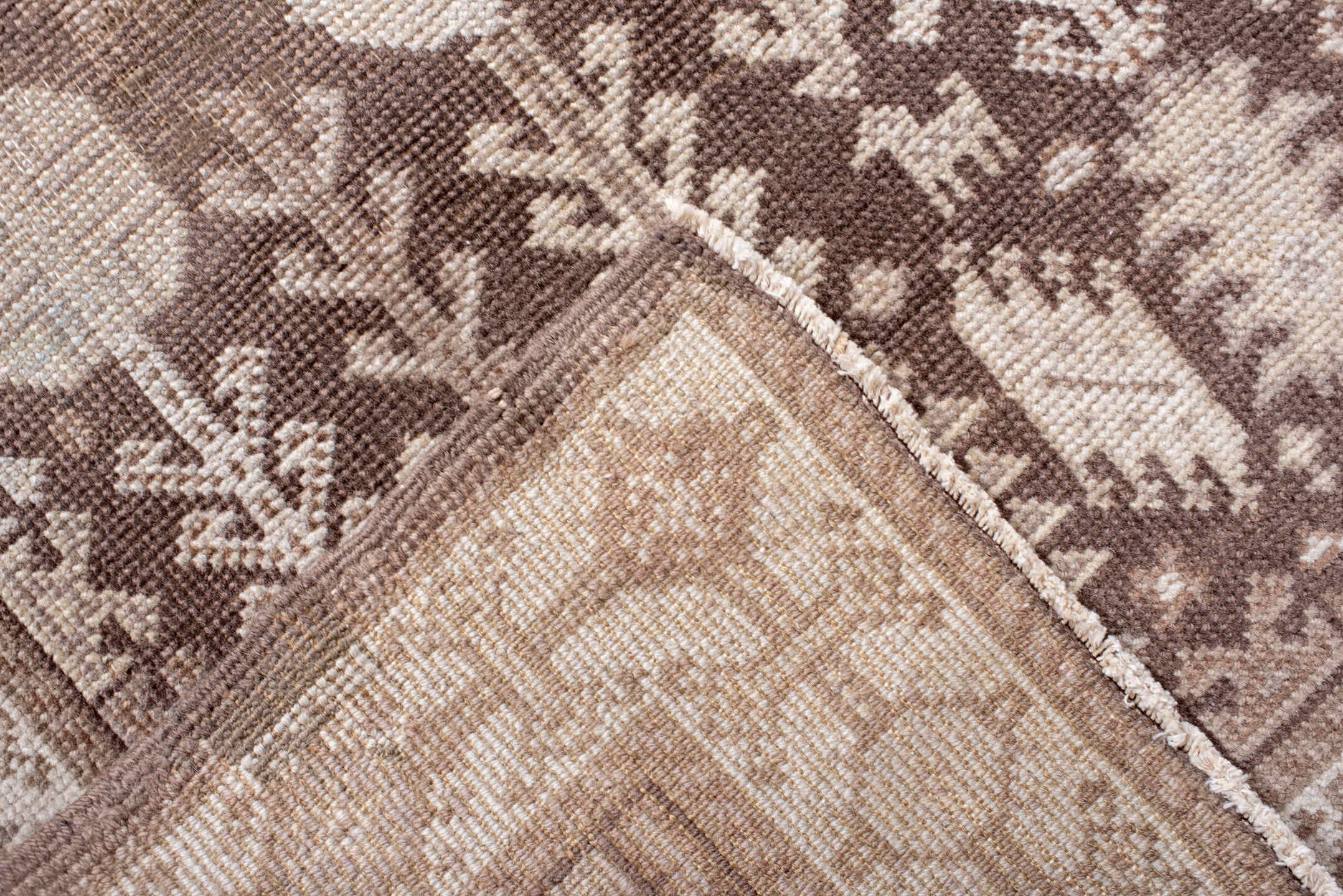 2' x 11' one-of-a-kind handmade antique Oushak runner rug. Color palette: brown, ivory, taupe, beige, gray