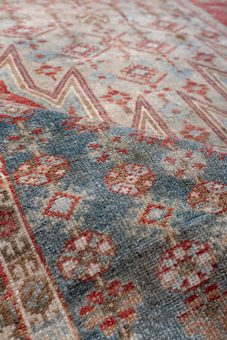 4' x 6' one-of-a-kind handmade vintage Malayer small size rug. Color palette: blue, brown, dark gray, gray, light blue