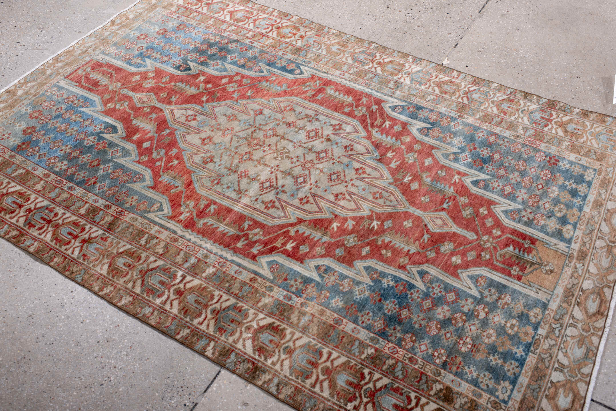 4' x 6' one-of-a-kind handmade vintage Malayer small size rug. Color palette: blue, brown, dark gray, gray, light blue