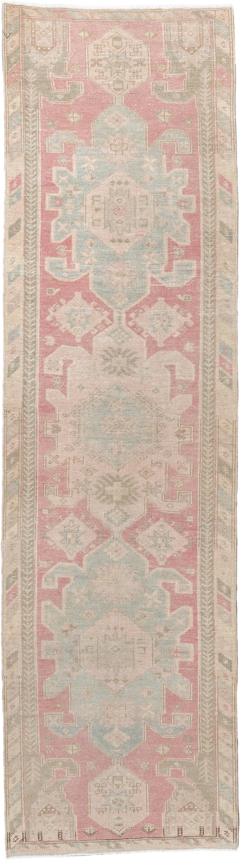 2' x 10' one-of-a-kind handmade antique Saraband runner rug. Color palette: blush rose, pale aqua, ivory, taupe, sage, beige