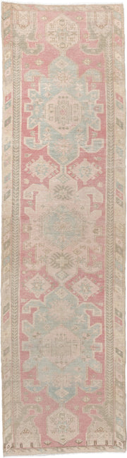 2' x 10' one-of-a-kind handmade antique Saraband runner rug. Color palette: blush rose, pale aqua, ivory, taupe, sage, beige