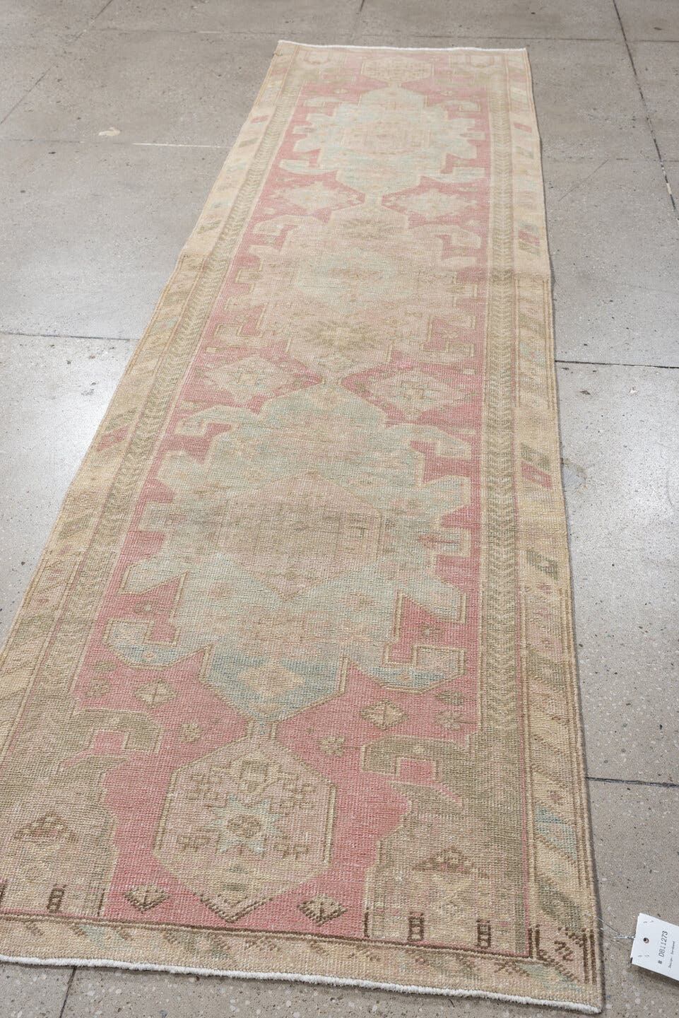 2' x 10' one-of-a-kind handmade antique Saraband runner rug. Color palette: blush rose, pale aqua, ivory, taupe, sage, beige