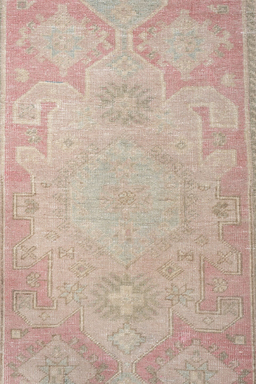 2' x 10' one-of-a-kind handmade antique Saraband runner rug. Color palette: blush rose, pale aqua, ivory, taupe, sage, beige