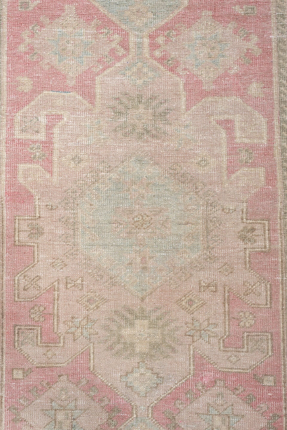 2' x 10' one-of-a-kind handmade antique Saraband runner rug. Color palette: blush rose, pale aqua, ivory, taupe, sage, beige
