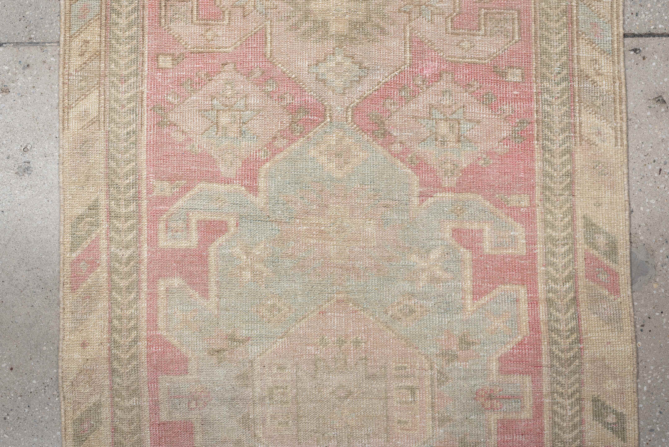 2' x 10' one-of-a-kind handmade antique Saraband runner rug. Color palette: blush rose, pale aqua, ivory, taupe, sage, beige
