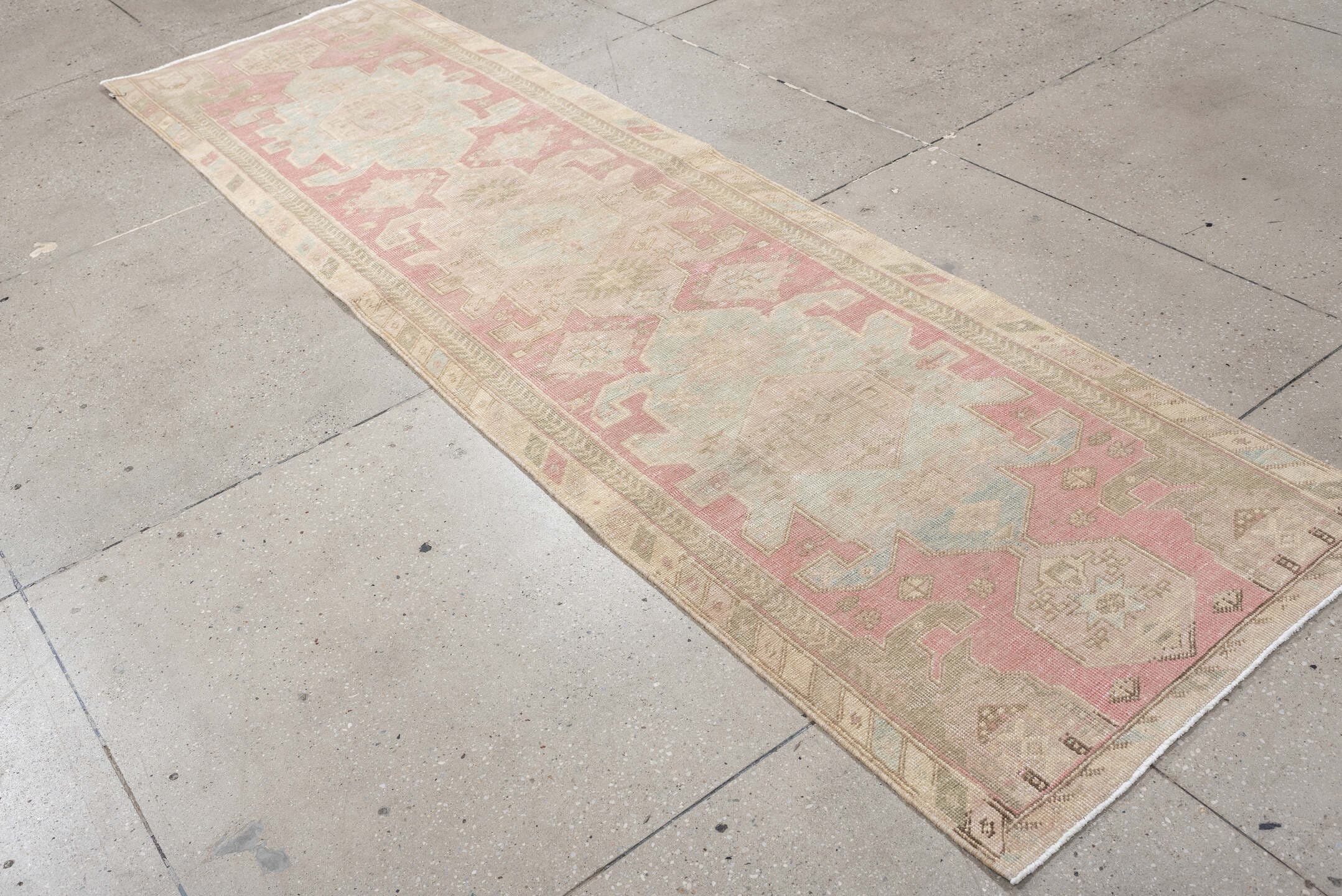 2' x 10' one-of-a-kind handmade antique Saraband runner rug. Color palette: blush rose, pale aqua, ivory, taupe, sage, beige