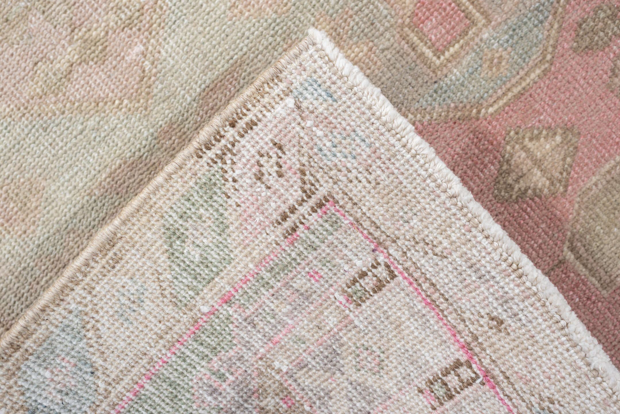 2' x 10' one-of-a-kind handmade antique Saraband runner rug. Color palette: blush rose, pale aqua, ivory, taupe, sage, beige