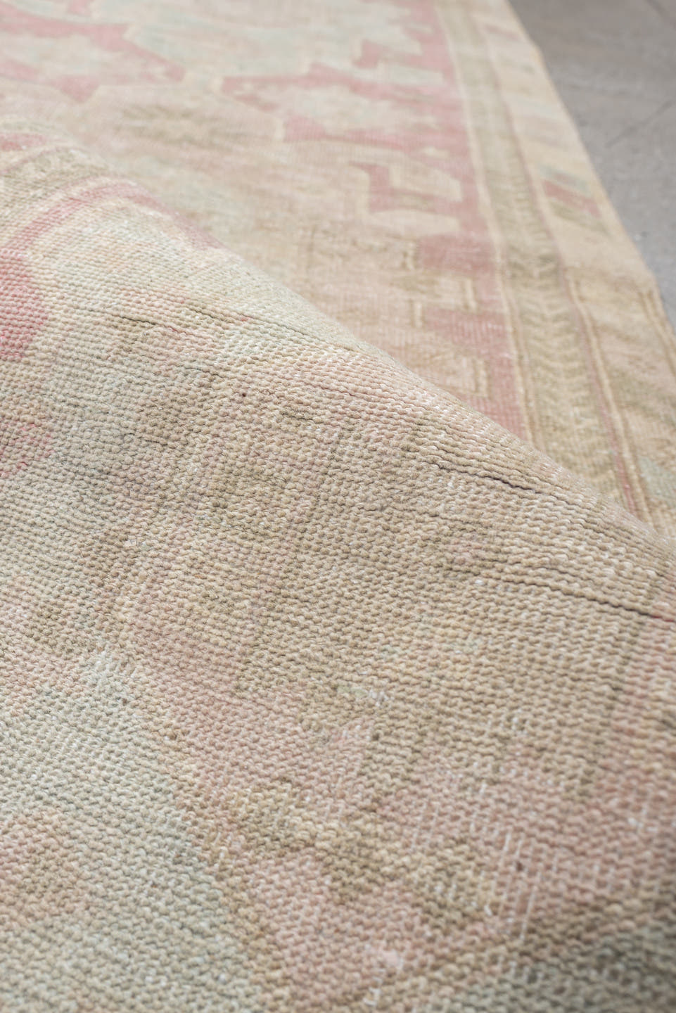 2' x 10' one-of-a-kind handmade antique Saraband runner rug. Color palette: blush rose, pale aqua, ivory, taupe, sage, beige