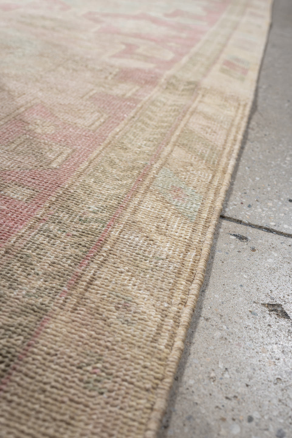 2' x 10' one-of-a-kind handmade antique Saraband runner rug. Color palette: blush rose, pale aqua, ivory, taupe, sage, beige