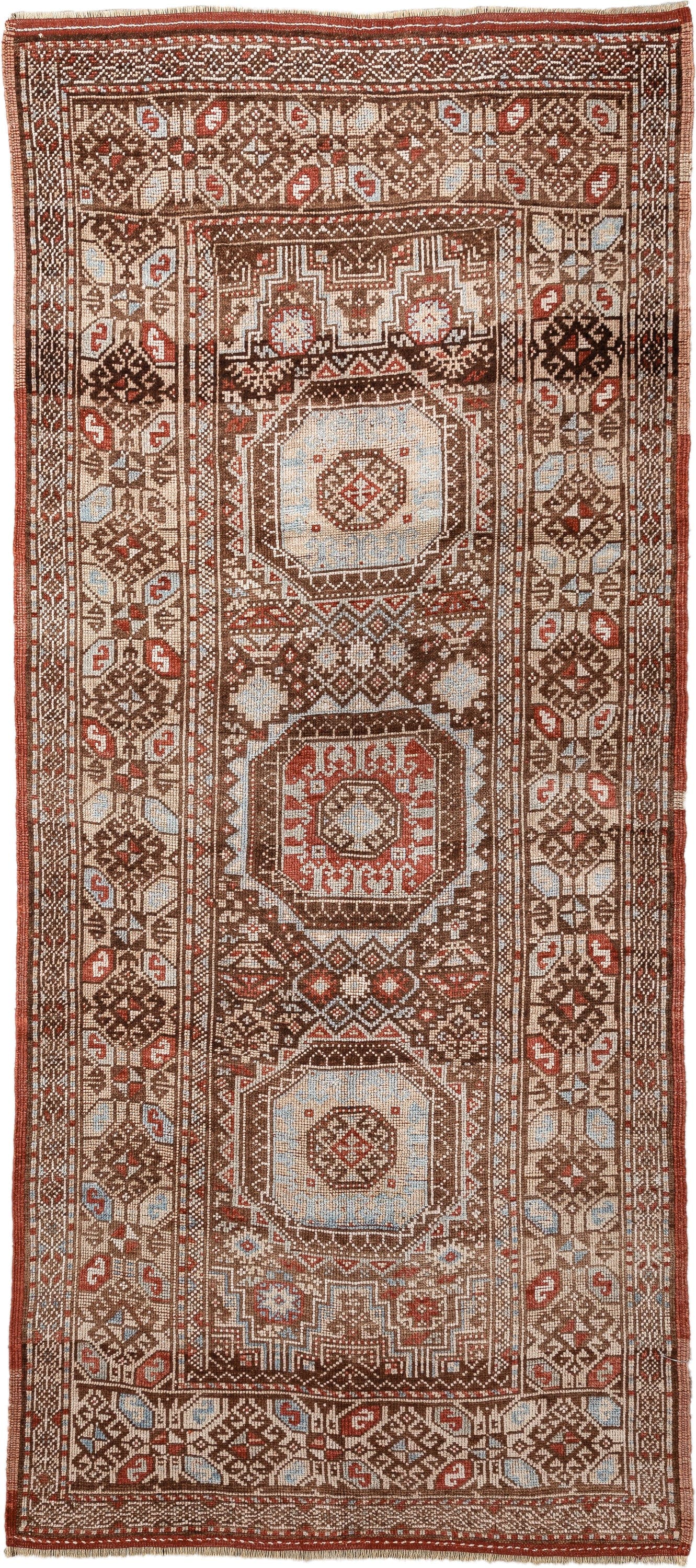 3' x 7' one-of-a-kind handmade antique Anatolian runner rug. Color palette: brown, ivory, rust, light blue, taupe