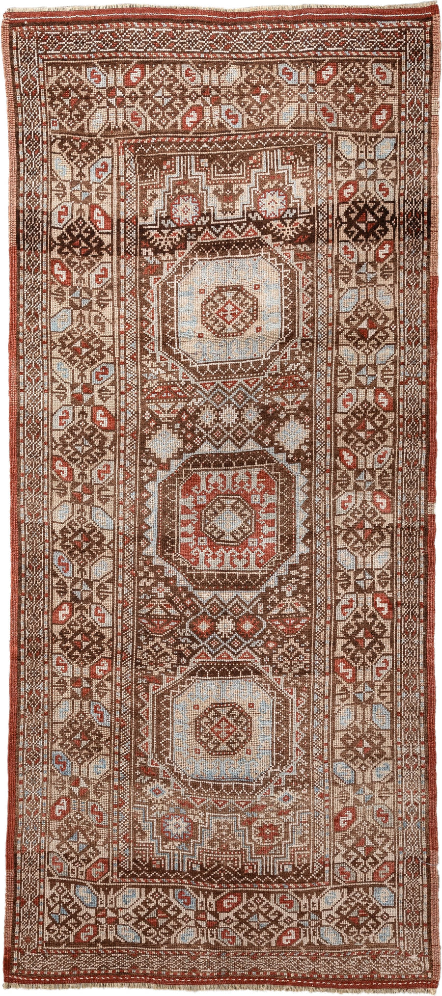 3' x 7' one-of-a-kind handmade antique Anatolian runner rug. Color palette: brown, ivory, rust, light blue, taupe