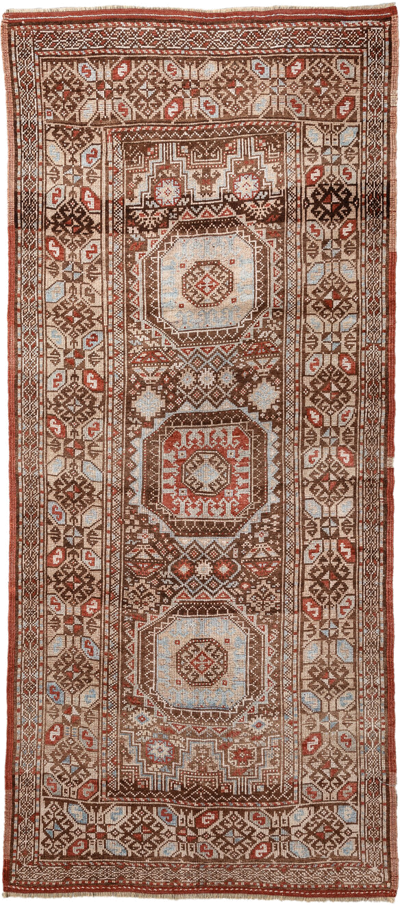 3' x 7' one-of-a-kind handmade antique Anatolian runner rug. Color palette: brown, ivory, rust, light blue, taupe