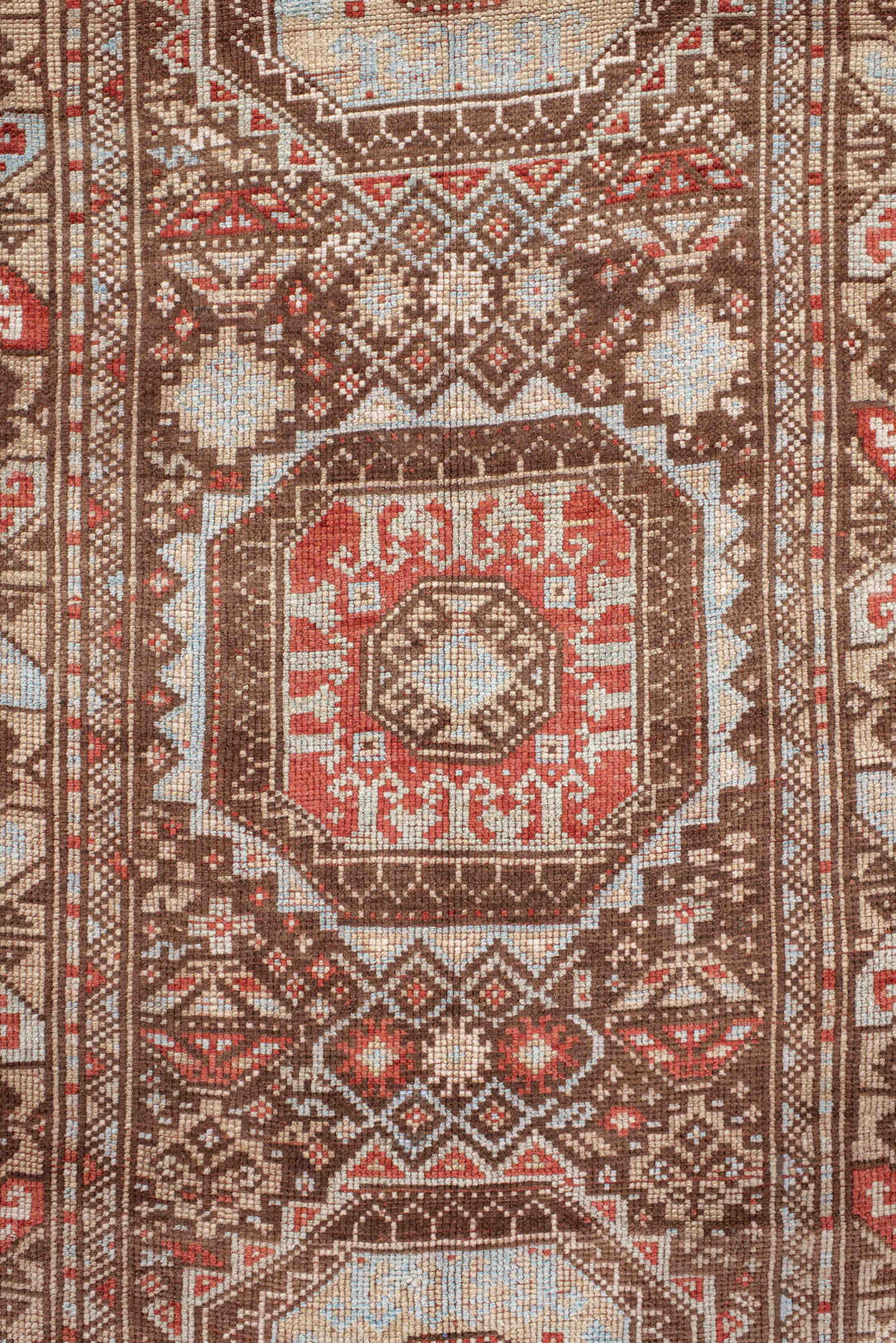 3' x 7' one-of-a-kind handmade antique Anatolian runner rug. Color palette: brown, ivory, rust, light blue, taupe