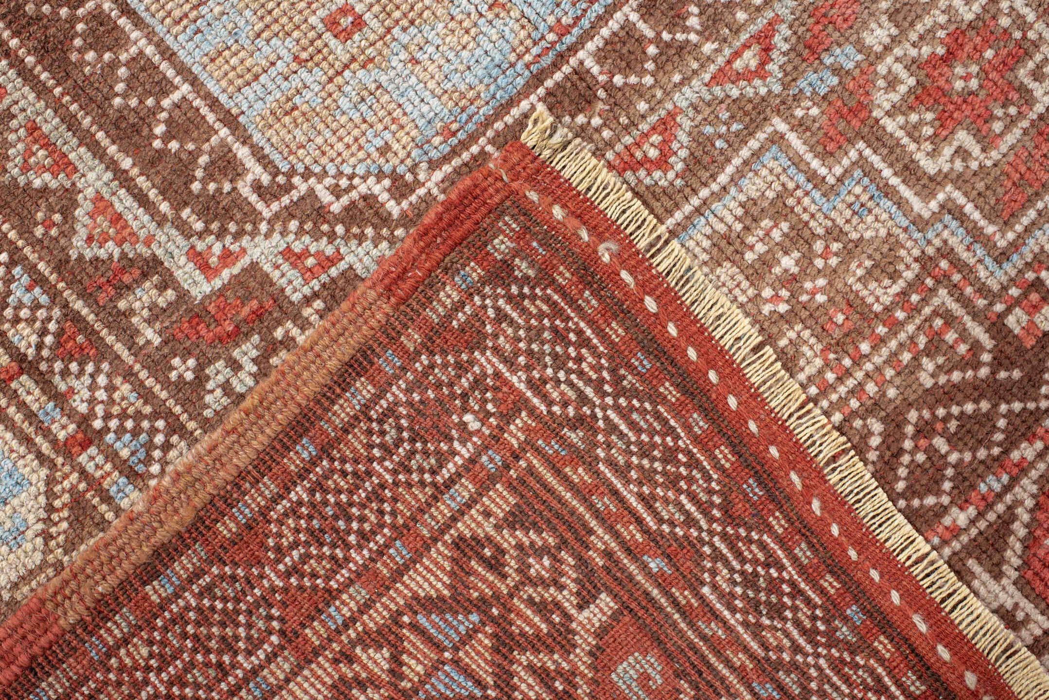 3' x 7' one-of-a-kind handmade antique Anatolian runner rug. Color palette: brown, ivory, rust, light blue, taupe