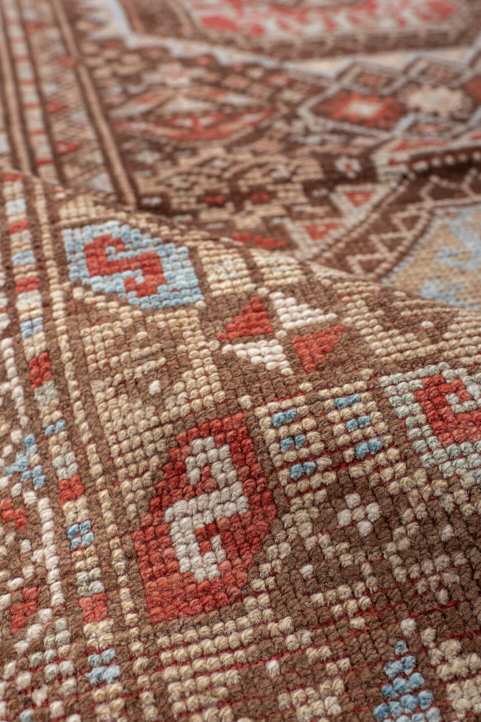 3' x 7' one-of-a-kind handmade antique Anatolian runner rug. Color palette: brown, ivory, rust, light blue, taupe