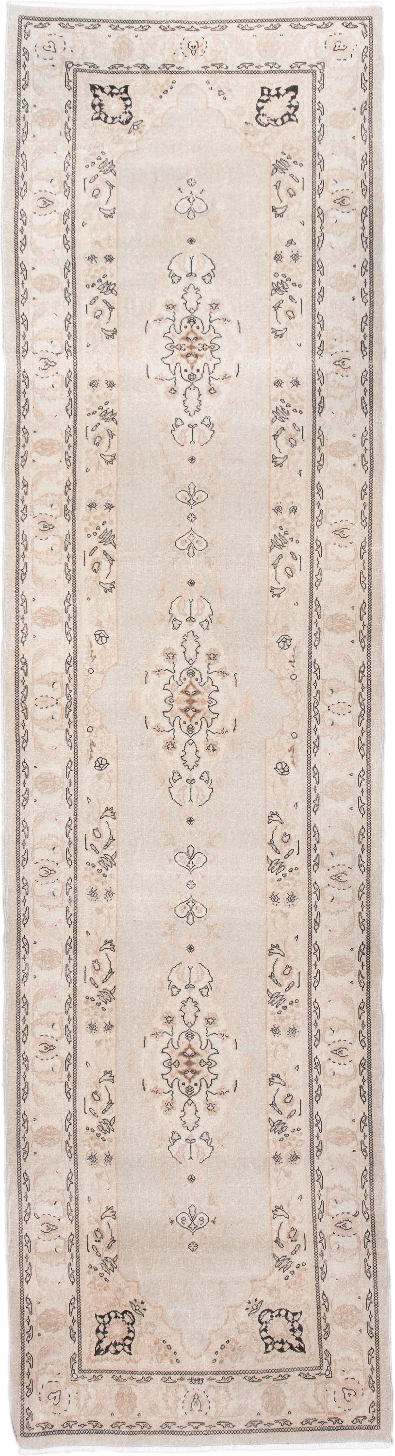 2' x 10' one-of-a-kind handmade antique Tabriz runner rug. Color palette: ivory, cream, taupe, charcoal, beige, blush, gray