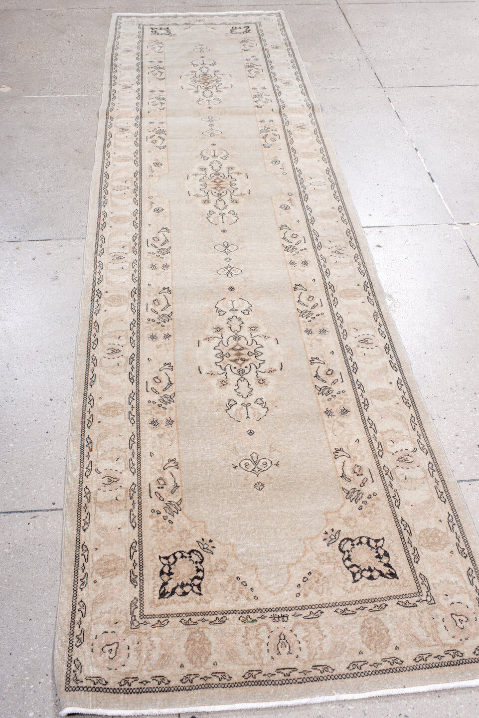 2' x 10' one-of-a-kind handmade antique Tabriz runner rug. Color palette: ivory, cream, taupe, charcoal, beige, blush, gray
