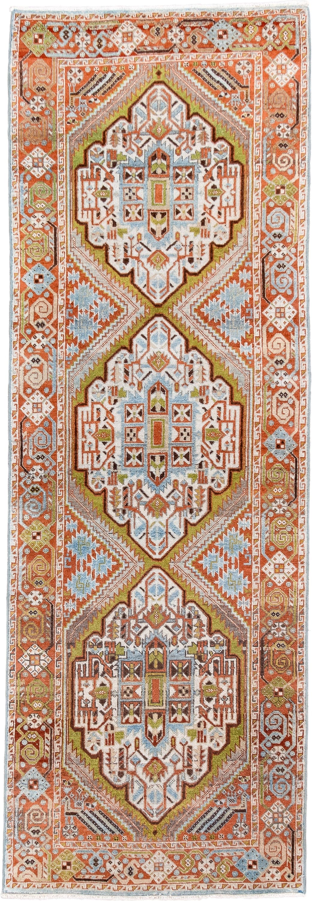 2' x 6' one-of-a-kind handmade vintage Afshar runner rug. Color palette: terra cotta, ivory, sky blue, olive, rust, charcoal