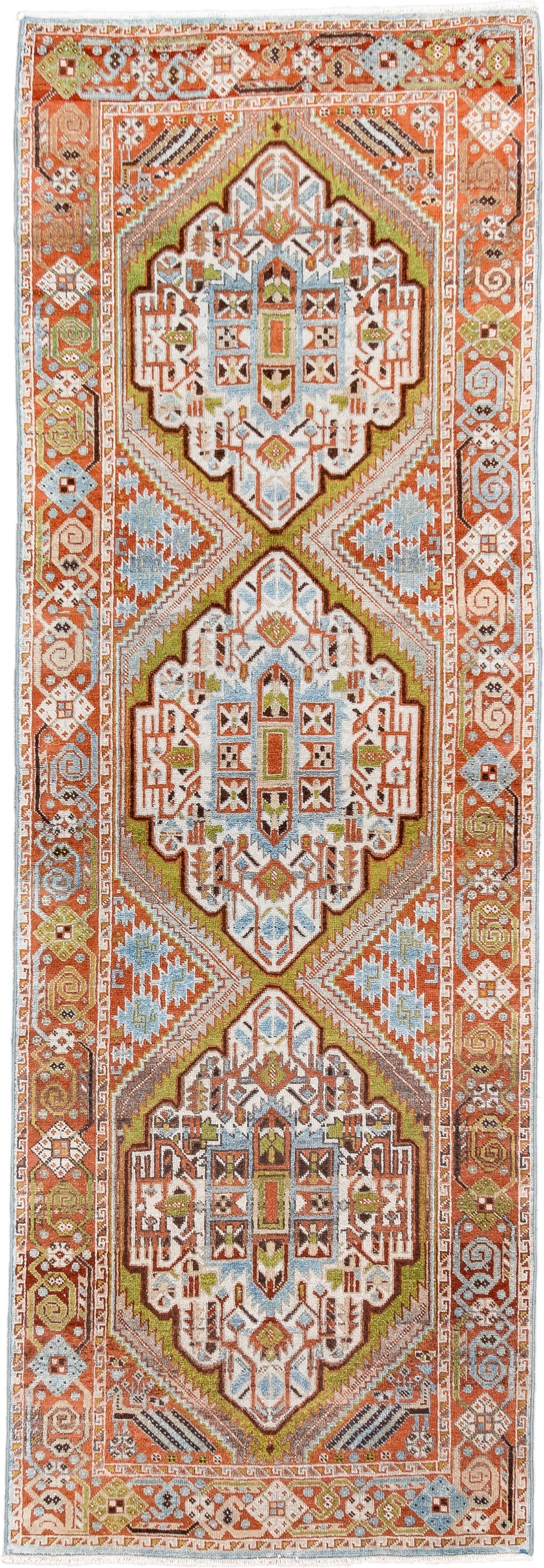 2' x 6' one-of-a-kind handmade vintage Afshar runner rug. Color palette: terra cotta, ivory, sky blue, olive, rust, charcoal