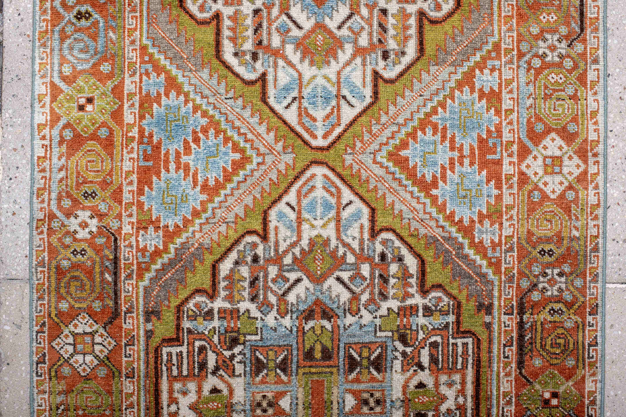 2' x 6' one-of-a-kind handmade vintage Afshar runner rug. Color palette: terra cotta, ivory, sky blue, olive, rust, charcoal