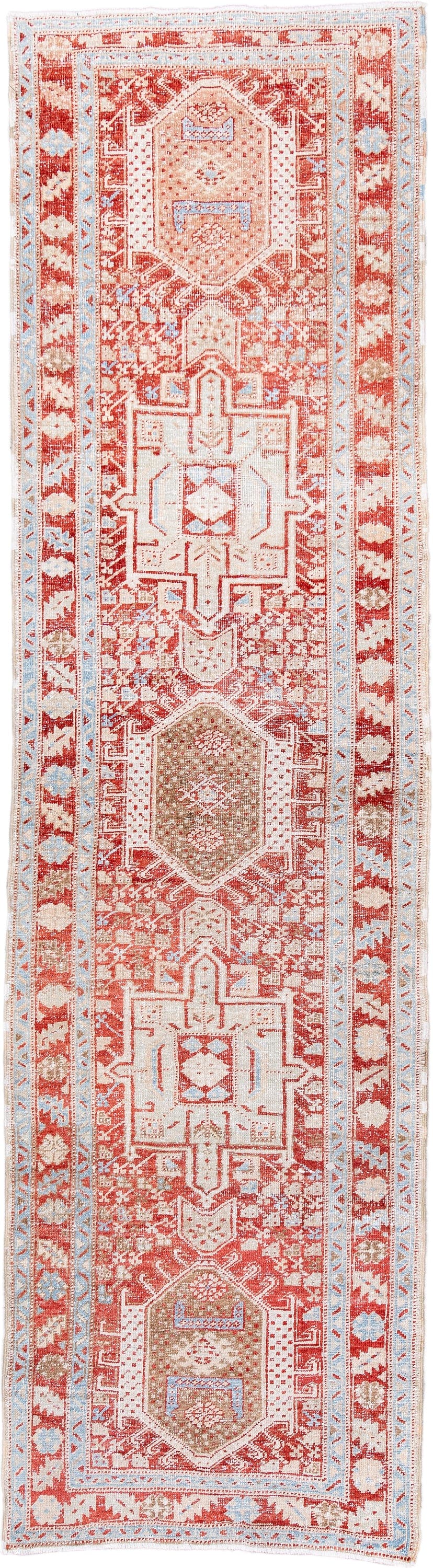 2' x 10' one-of-a-kind handmade antique Karaje runner rug. Color palette: rust, ivory, pale blue, camel, terracotta, taupe