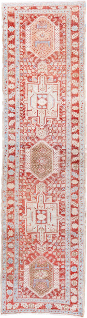 2' x 10' one-of-a-kind handmade antique Karaje runner rug. Color palette: rust, ivory, pale blue, camel, terracotta, taupe
