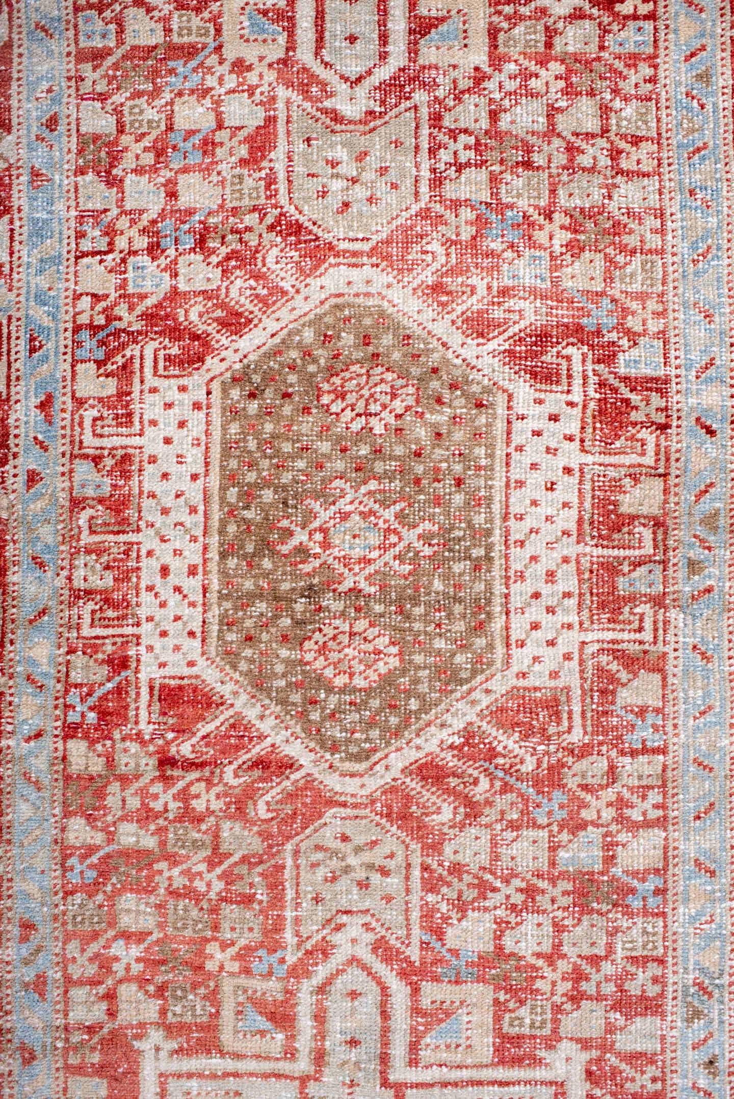 2' x 10' one-of-a-kind handmade antique Karaje runner rug. Color palette: rust, ivory, pale blue, camel, terracotta, taupe