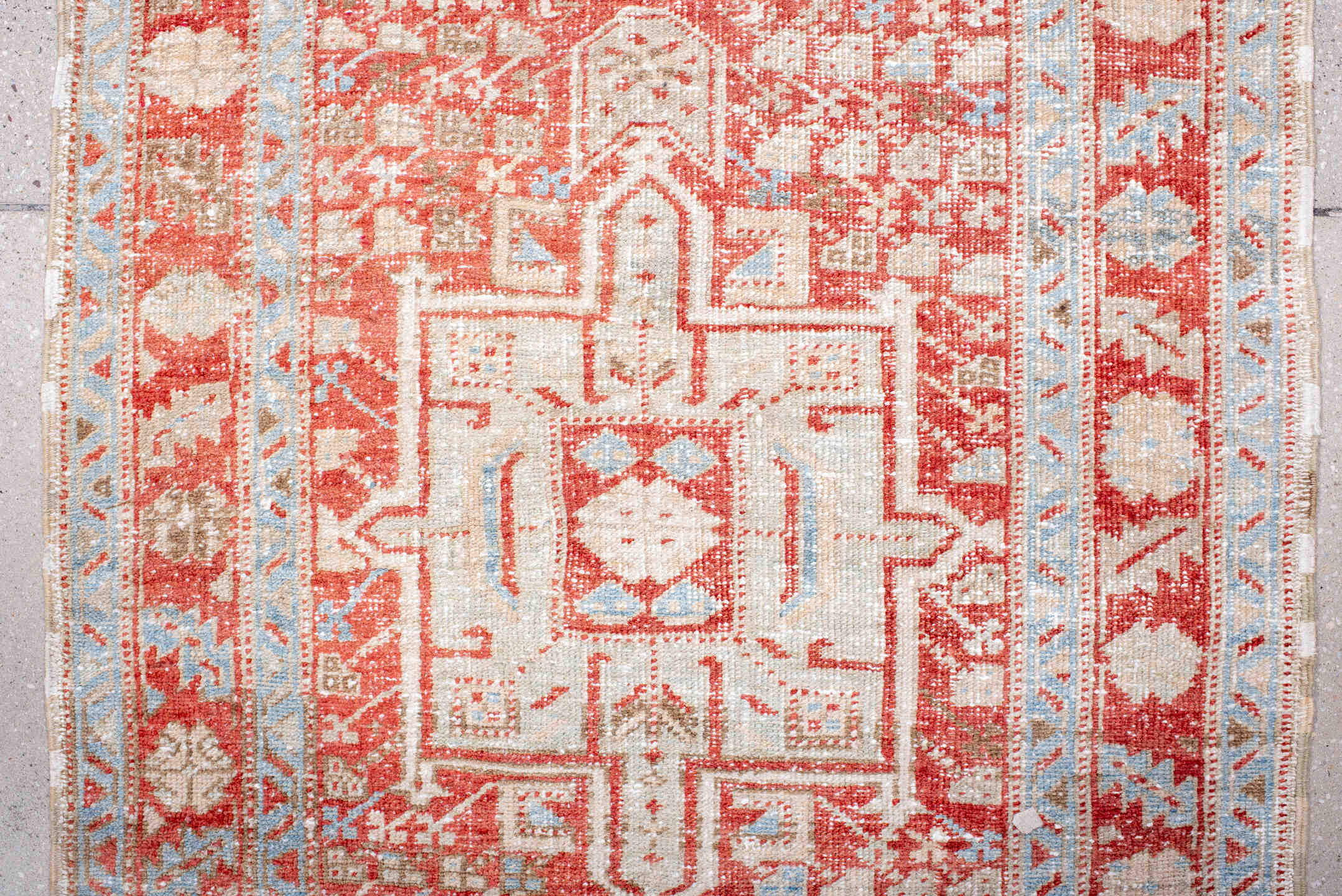 2' x 10' one-of-a-kind handmade antique Karaje runner rug. Color palette: rust, ivory, pale blue, camel, terracotta, taupe