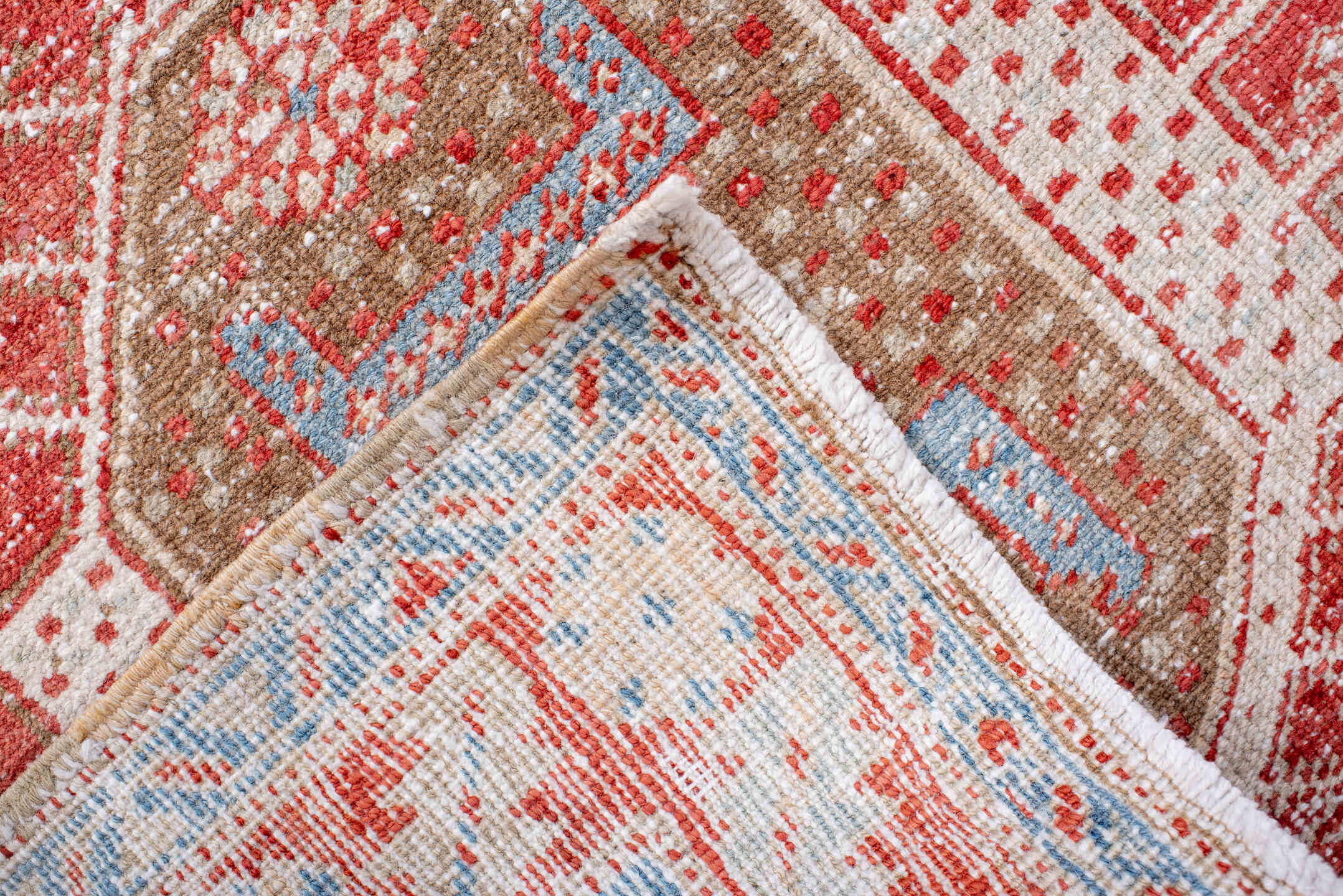 2' x 10' one-of-a-kind handmade antique Karaje runner rug. Color palette: rust, ivory, pale blue, camel, terracotta, taupe
