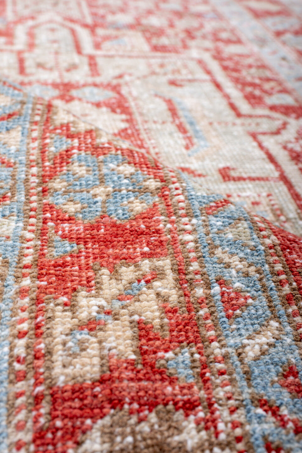 2' x 10' one-of-a-kind handmade antique Karaje runner rug. Color palette: rust, ivory, pale blue, camel, terracotta, taupe