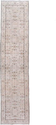 2' x 11' one-of-a-kind handmade vintage Indosaraban runner rug. Color palette: ivory, blush, taupe, charcoal, rose, beige