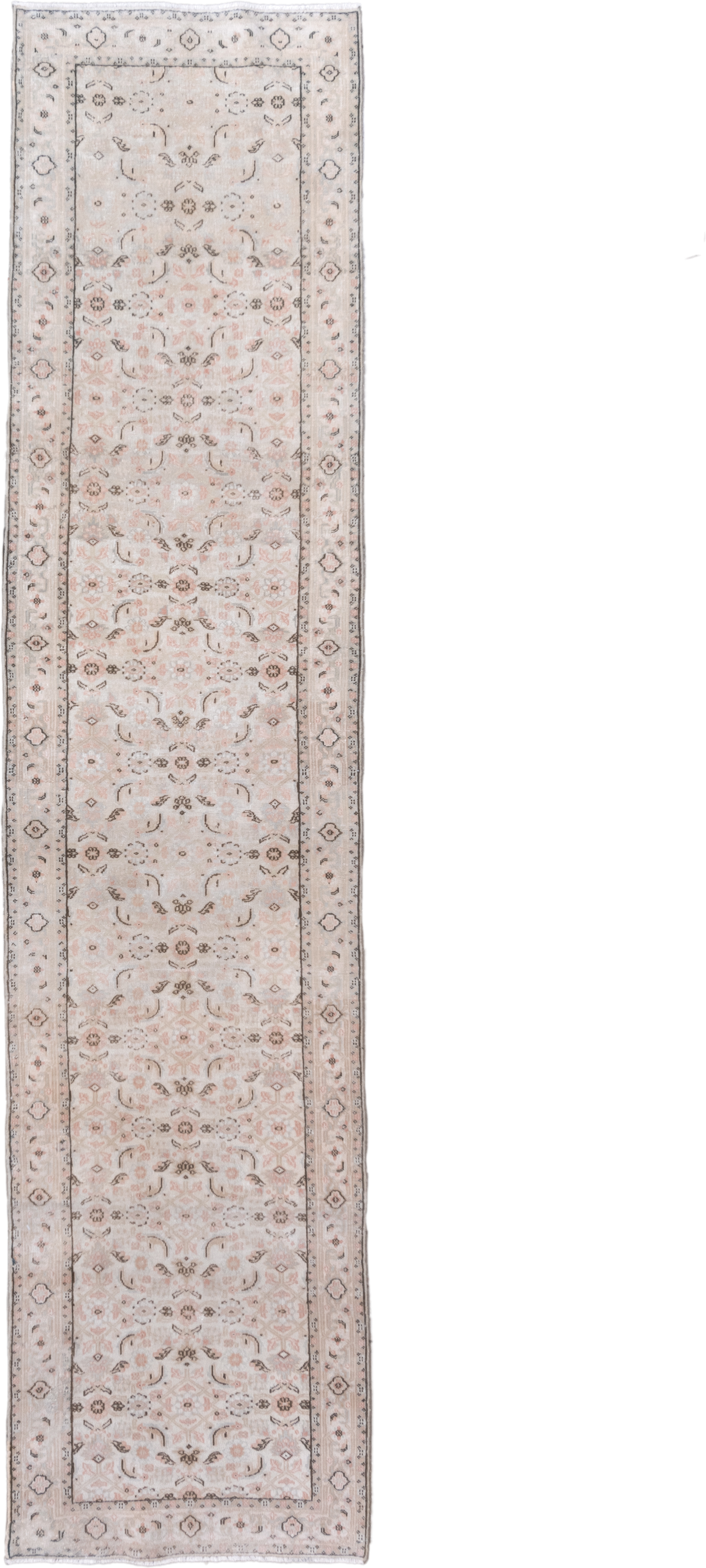 2' x 11' one-of-a-kind handmade vintage Indosaraban runner rug. Color palette: ivory, blush, taupe, charcoal, rose, beige