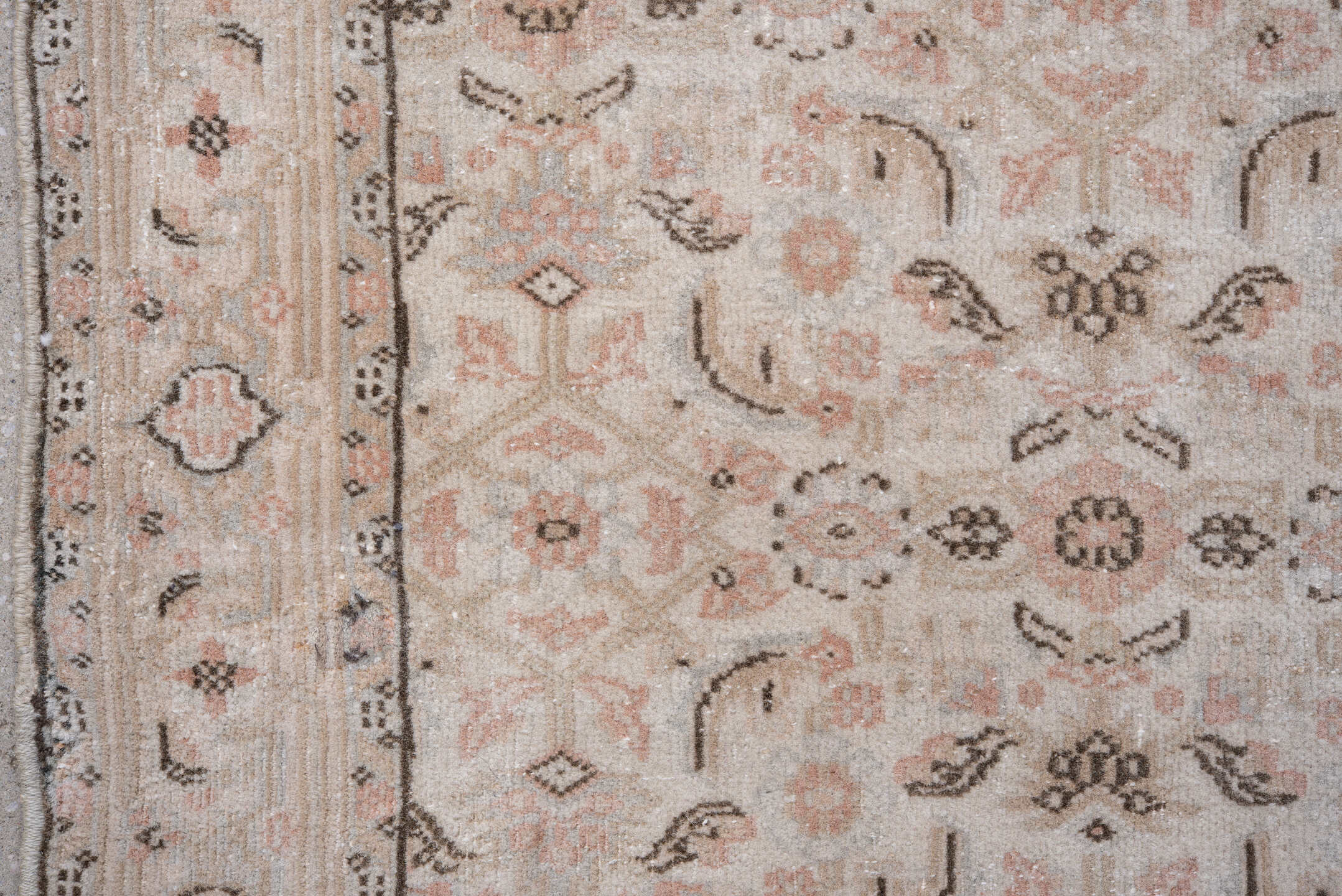 2' x 11' one-of-a-kind handmade vintage Indosaraban runner rug. Color palette: ivory, blush, taupe, charcoal, rose, beige