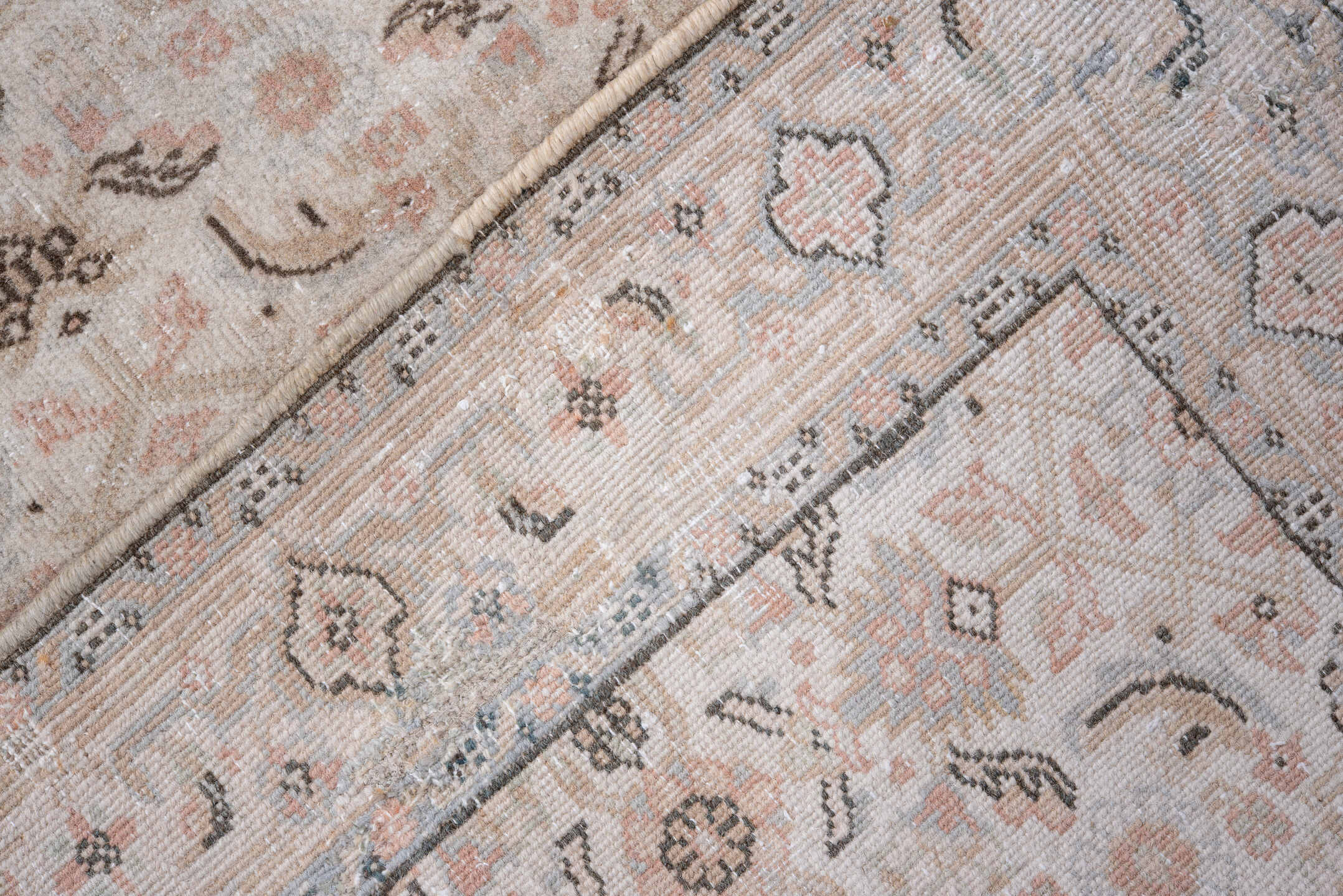 2' x 11' one-of-a-kind handmade vintage Indosaraban runner rug. Color palette: ivory, blush, taupe, charcoal, rose, beige